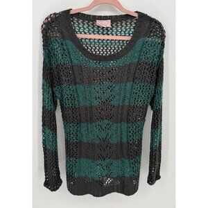 Romeo & Juliet Striped Green & Gray Open Knit Long Sleeve Sweater Size M